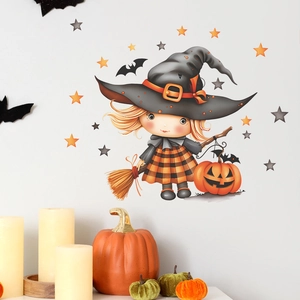 Halloween Wandtattoo Set mit Hexe und Kürbis für Wohnzimmer und Schlafzimmer Deko