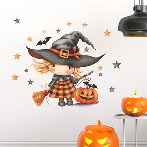 Halloween Wandtattoo mit süßer Comic Hexe, Besen, Kürbis und Sternen für Deko