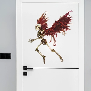 Halloween creative wall sticker featuring a skeletal angel with large dark red wings on a white door