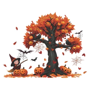 Halloween wall sticker featuring a spooky tree with pumpkins, a little witch and bats