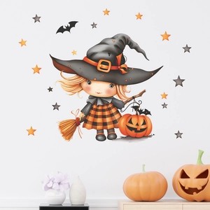Halloween Cartoon Hexe Wandaufkleber Mit Kürbis Besen Fledermäuse Sterne PVC Abnehmbares Dekor Für Wohnzimmer Kinderzimmer