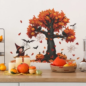Halloween wall sticker with cartoon witch pumpkin tree bats for living room decor