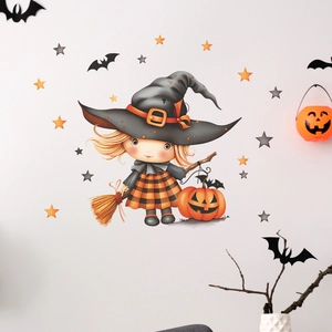 Halloween Wandtattoo mit kleiner Hexe, Besen und Kürbis für Wohnzimmer Dekoration