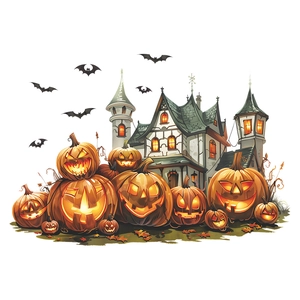 Halloween wall sticker featuring glowing pumpkins and a spooky castle on white background