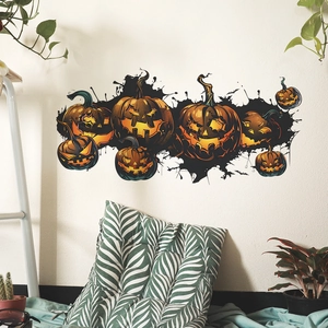 Halloween pumpkin wall decals with black ink art and bats for living room decor