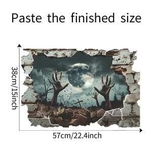 Detailed dimensions of 3D Halloween wall decal with scary graveyard hand reaching through wall