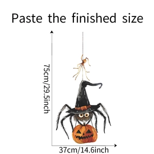 Detailed dimensions of Halloween spider and pumpkin wall sticker with wizard hat design