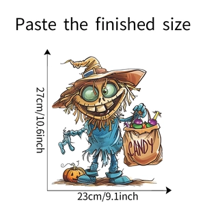 Detailed dimensions of Halloween scarecrow toilet sticker with candy bag and pumpkin