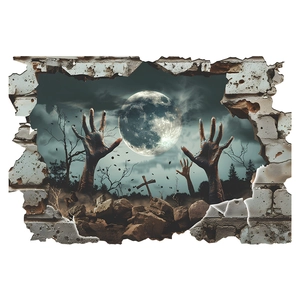 3D Halloween wall decal featuring a broken wall effect with zombie hands and spooky graveyard