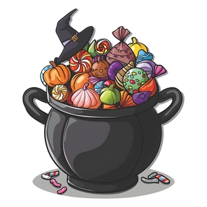 Halloween witch cauldron wall sticker with pumpkin, witch hat and assorted candies