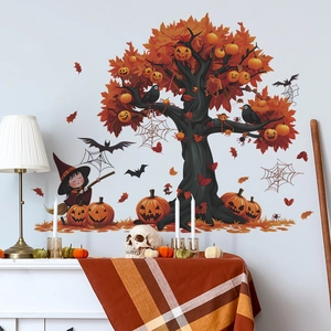 Halloween cartoon wall decals featuring a spooky pumpkin tree and flying witch for home decor
