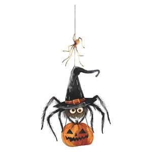 Halloween wall sticker featuring a black spider in wizard hat holding a carved pumpkin lamp
