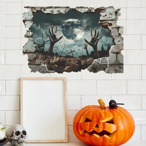 3D Halloween wall sticker featuring zombie hands and a full moon graveyard scene