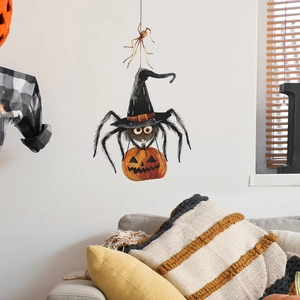 Halloween spider wall sticker with pumpkin lantern for festive living room decoration