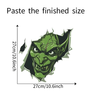 Detailed size specifications for 3D grinning green monster wall sticker at 27cm x 27cm