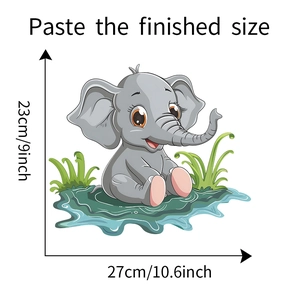 Detail showing cartoon elephant wall sticker size 27cm x 23cm for bathroom decoration