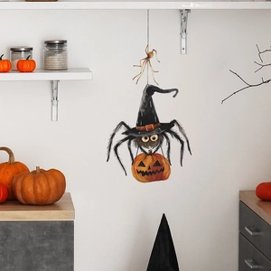 Halloween wall sticker featuring a cartoon spider with a witch hat and pumpkin lantern decor
