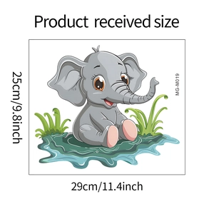 Detailed size chart for MG-M019 cartoon elephant wall sticker measuring 25cm by 29cm