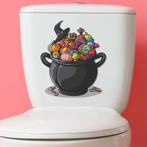 Halloween magic cauldron sticker with sweets and pumpkins for bathroom toilet tank decoration