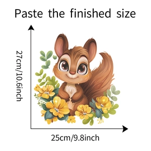 Detailed size specifications for cartoon squirrel and floral wall sticker 27cm by 25cm