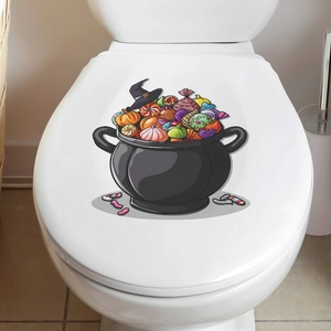 Halloween magic cauldron candy toilet sticker with witch hat and pumpkin on white lid