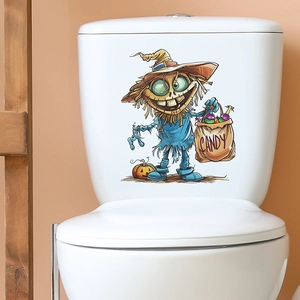 Halloween cartoon monster sticker with candy bag on white ceramic toilet tank surface