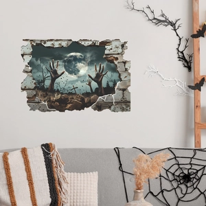 3D Halloween wall sticker featuring zombie hands rising from a graveyard on broken wall
