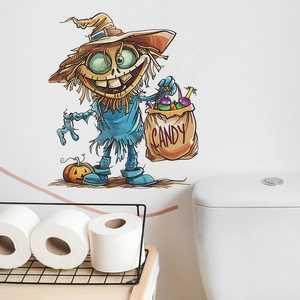 Detailed view of a Halloween zombie scarecrow wall sticker in a white bathroom setting