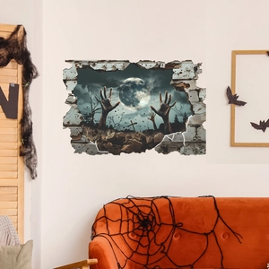 Detailed 3D Halloween wall decal featuring a spooky cemetery and zombie hand through a wall