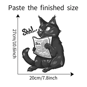 Detailed size specifications for black cat reading newspaper bathroom wall sticker