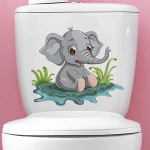 Cartoon elephant toilet sticker wall decal for bathroom decoration in gray and pink