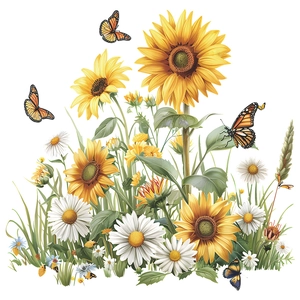 Self-adhesive wall sticker featuring sunflowers, white daisies and orange butterflies