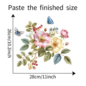 Floral wall sticker with roses and butterflies showing finished dimensions of 26cm x 28cm