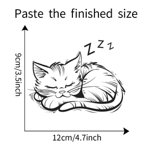 Detailed size specifications for sleeping cat wall sticker measuring 12cm by 9cm