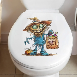 Halloween scarecrow toilet lid decal with pumpkin and candy bag for bathroom decor