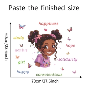 Guide des tailles du sticker mural fille cartoon avec papillons et citations