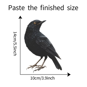 Detailed size view of realistic black bird window sticker measuring 14 by 10 centimeters