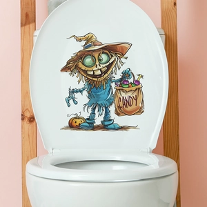 Halloween Scarecrow Pumpkin Toilet Sticker PVC Waterproof Cartoon Candy Bag Bathroom Wall Decal Festive Home Decor Sticker