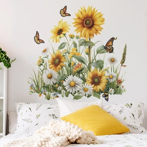 Vibrant sunflower and daisy wall stickers with butterflies for a cozy bedroom wall decor