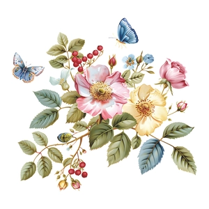 Creative floral wall sticker with pink roses, green leaves and blue butterflies