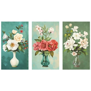 Lot de trois stickers muraux aux motifs floraux et vases pour décoration de salon et chambre