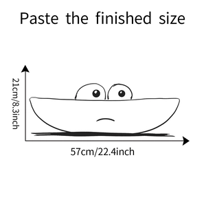 Detailed size specifications for minimalist cartoon eyes wall decal showing 21x57cm dimensions