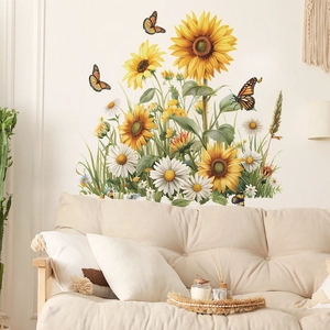 Sunflower Daisy Floral Wall Stickers PVC Butterfly Decals For Living Room Bedroom Home Decor Modern Pastoral Style Wall Art