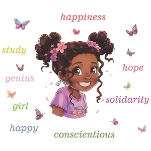 Sticker mural enfant petite fille avec papillons colorés et citations de motivation