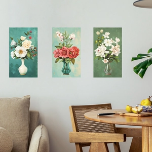 Vue détaillée de trois stickers muraux style peinture à l'huile florale vintage en décor