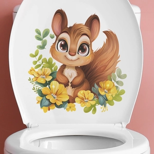 Cartoon squirrel and yellow floral toilet seat sticker for bathroom decoration