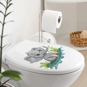Cartoon gray elephant wall sticker for bathroom decor on a white toilet lid