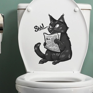 Funny black cat reading newspaper bathroom toilet sticker on white ceramic lid