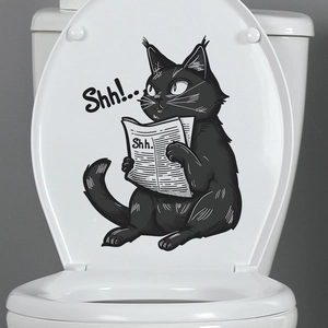 Funny black cat reading newspaper toilet sticker with Shh text for bathroom decor