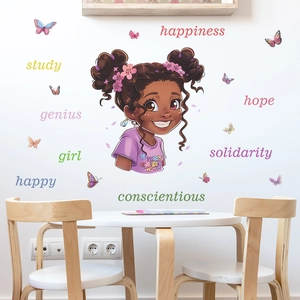 Stickers muraux avec fille de dessin animé, papillons colorés et mots positifs